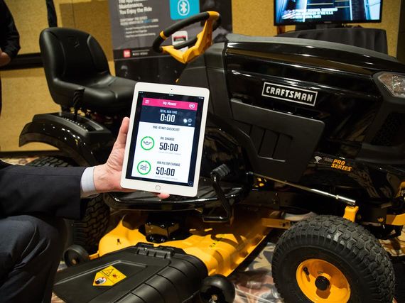 Craftsman Smart Lawn app on a tablet mounted to a riding mower