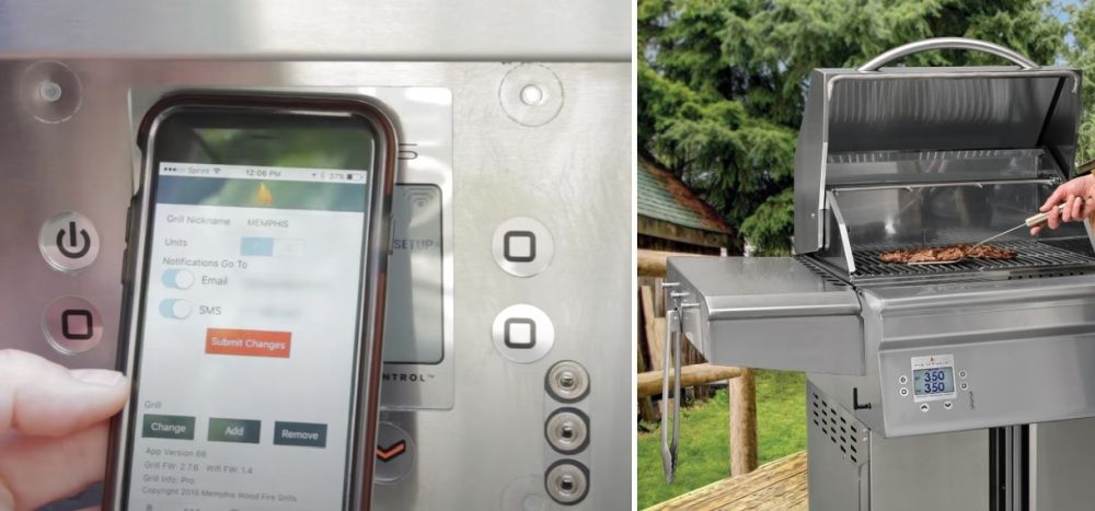 Memphis Grills app on a phone beside the grill
